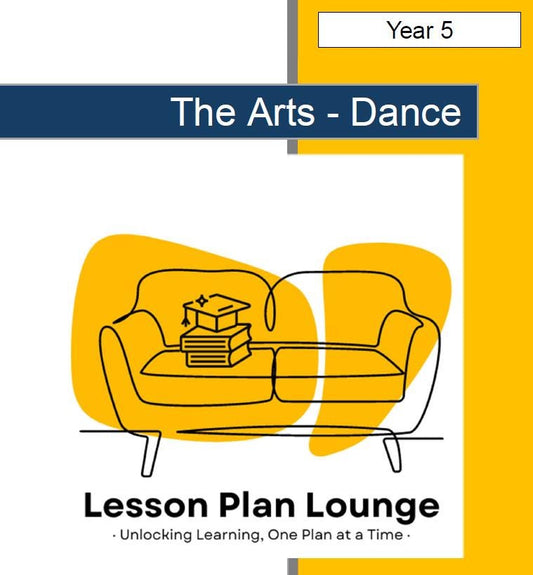 Cover of 'The Arts - Dance' lesson plan with a couch and books illustration, labeled 'Year 5'.