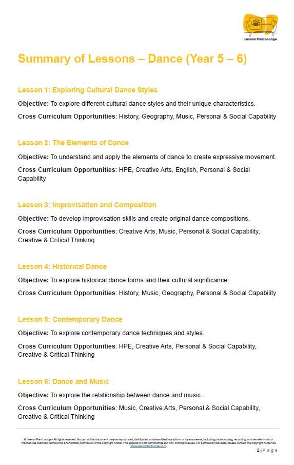 Summary of lessons for dance in Year 5-6 with objectives and cross-curricular opportunities listed.