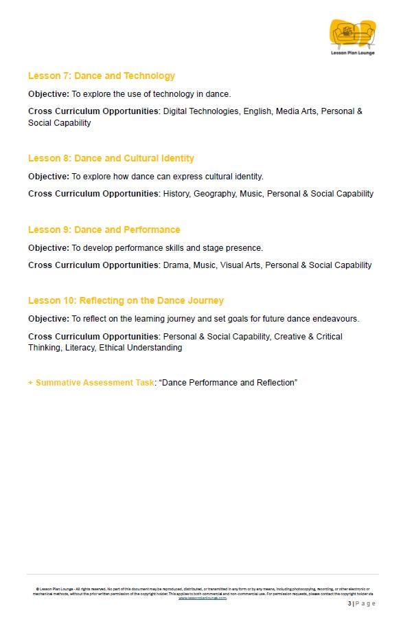 Educational document outlining dance lessons with objectives, cross-curriculum opportunities, and assessment tasks.