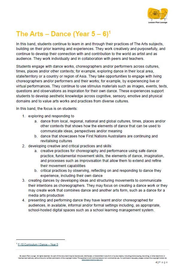 Educational document about Dance in Year 5-6, focusing on students' learning and practices.