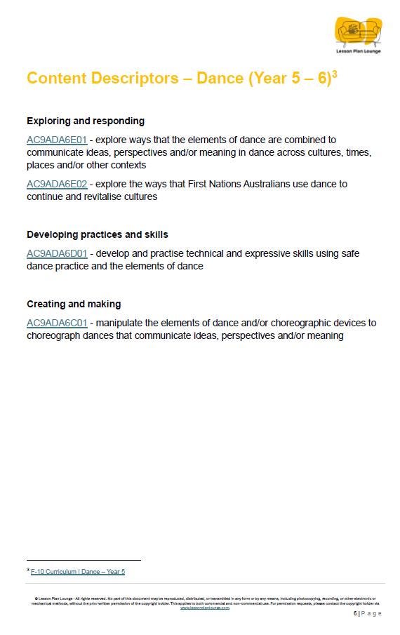 Sheet of paper with dance content descriptors for Year 5-6 on a white background