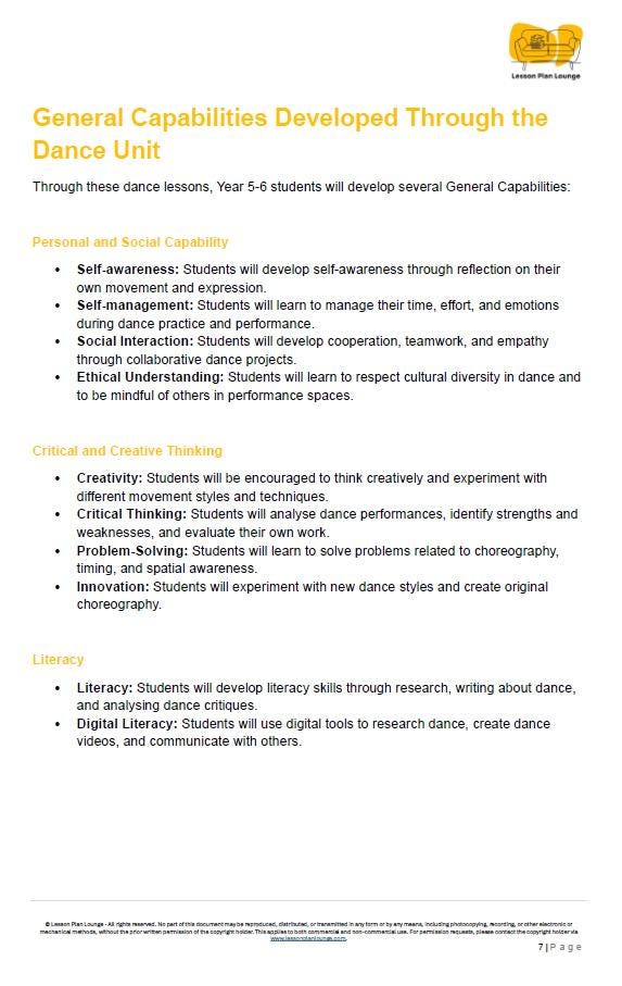 Sheet detailing General Capabilities Developed Through a Dance Unit with text on a white background.
