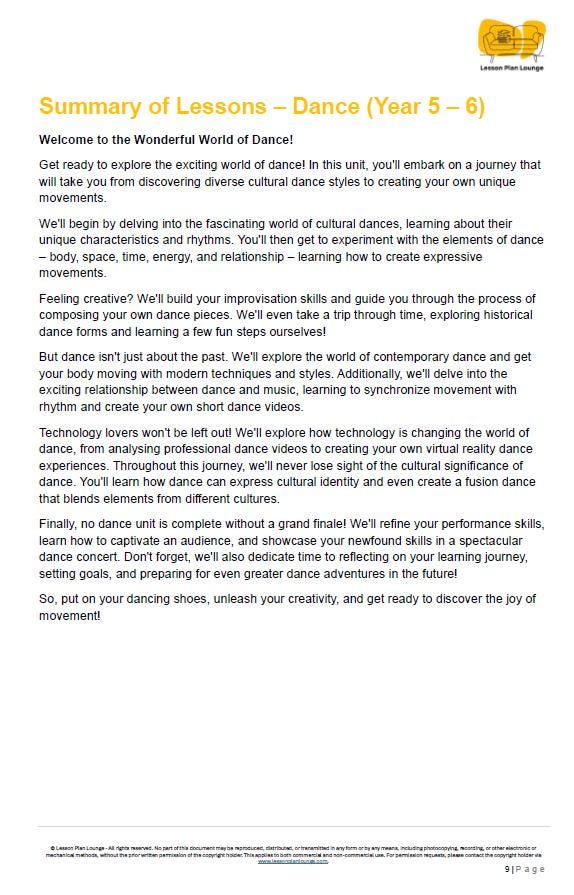 Summary of lessons on dance for Year 5-6 students with a yellow logo at the top right corner.