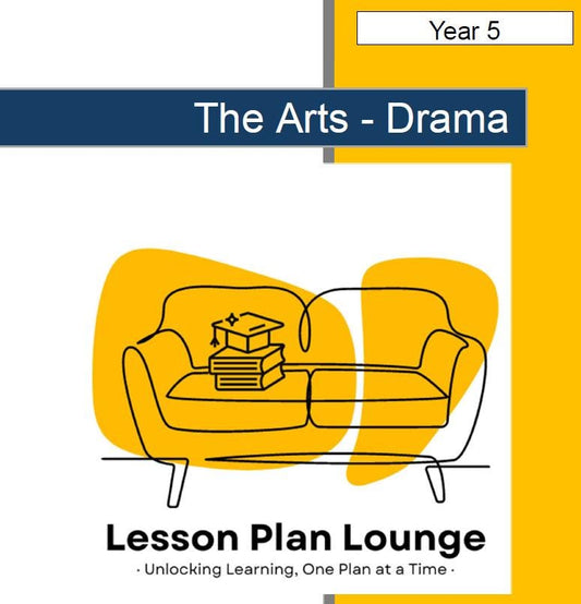 Cover of 'The Arts - Drama' lesson plan with a yellow couch and books on a white background