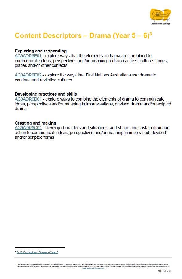Sheet of paper with text on drama content descriptors for Year 5-6, featuring a logo at the top right corner.