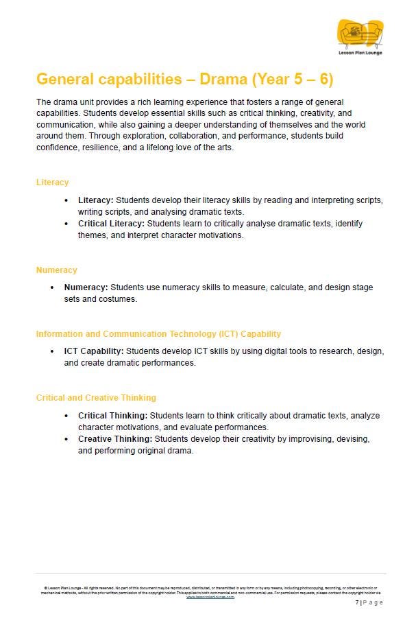 Educational document about drama capabilities for Year 5-6 students, featuring text on literacy, numeracy, ICT capability, and critical thinking.