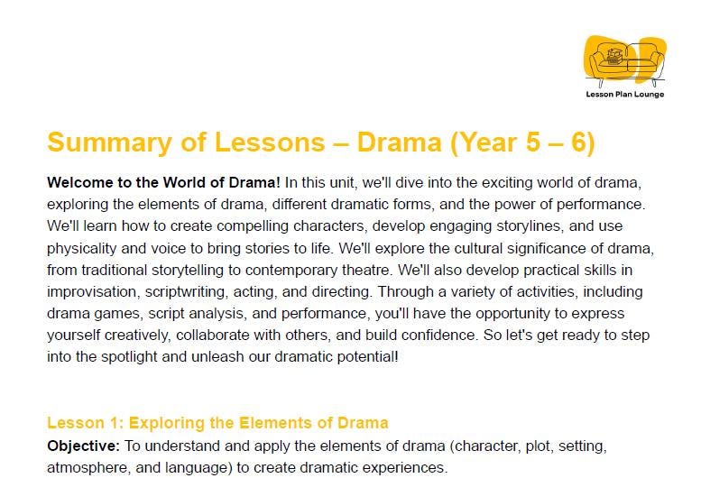 Summary of lessons on drama for Year 5-6 with a yellow logo at the top right corner.