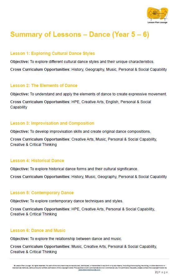Summary of lessons for Dance Year 5-6 with objectives and cross-curricular opportunities listed.