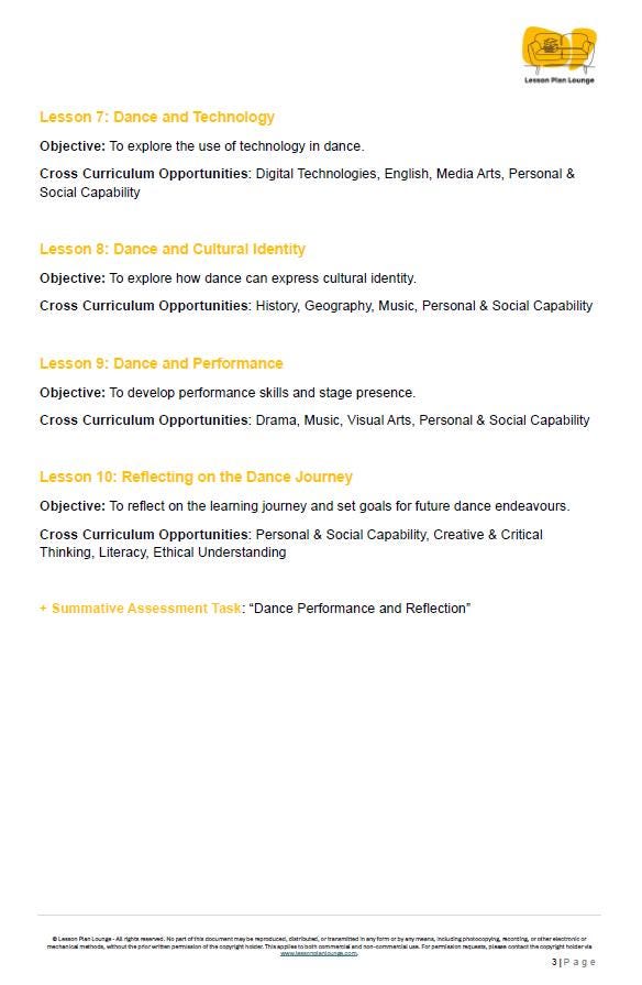 Educational lesson plan on dance and technology with objectives and cross-curricular opportunities.
