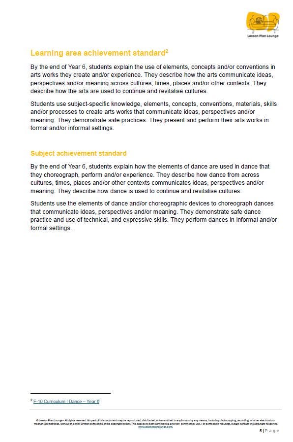 Educational document on learning area achievement standards for arts education, featuring Lesson Plan Lounge logo at the top right corner.