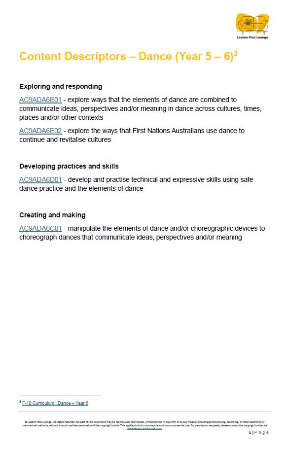 Dance content descriptors for Year 5-8, featuring a logo at the top right corner. Australian Curriculum version 9.