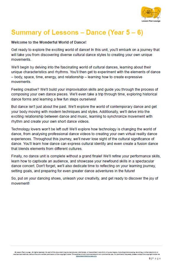 Summary of lessons for dance classes in Year 5 and 6, with Lesson Plan Lounge logo at the top right corner.