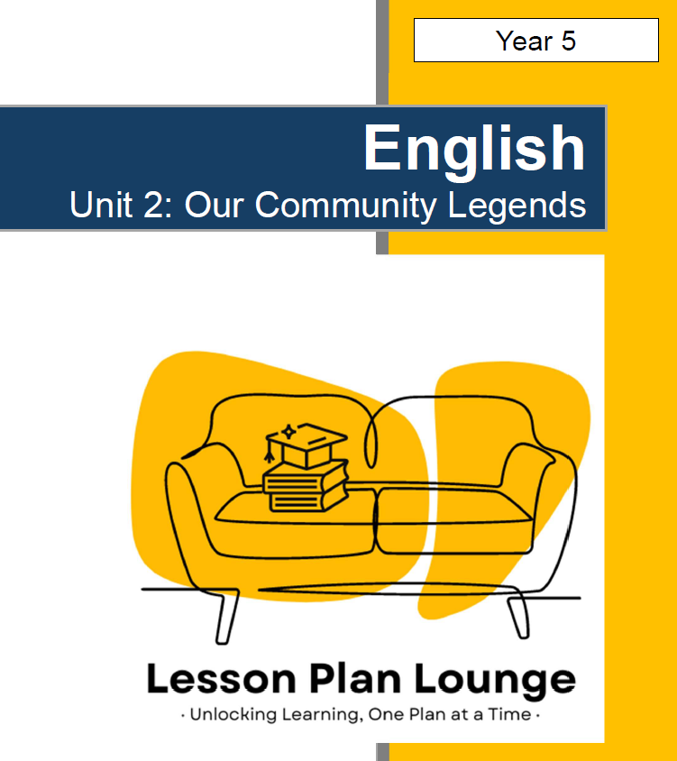 Cover of a book titled 'English Unit 2: Our Community Legends' from Lesson Plan Lounge with a yellow couch illustration.