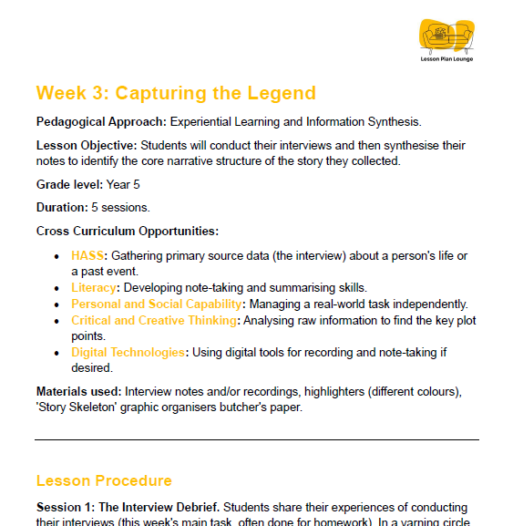 Educational lesson plan for Week 3 titled 'Capturing the Legend' with details on objectives, duration, and materials.