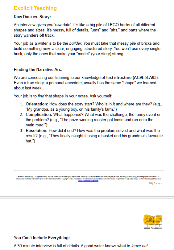 Educational document on explicit teaching, raw data vs. story, and narrative arc.