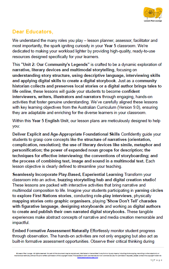 Educational document on community leaders' role in teaching narrative and multimodal storytelling to Year 5 students.