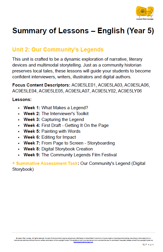 Summary of lessons for English Year 5 unit on community legends with focus descriptors and lesson outlines.