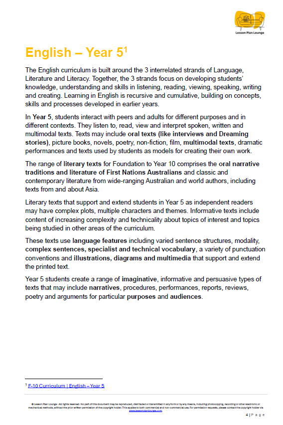 Educational document about English curriculum for Year 5 students, featuring text and a logo at the top.