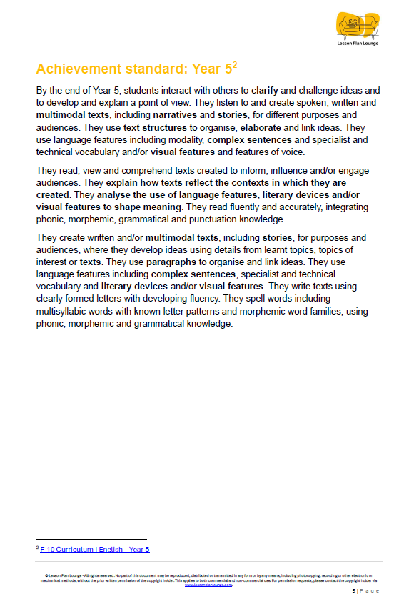 Educational document detailing achievement standards for Year 5 students in English, with a visible logo at the top right corner.