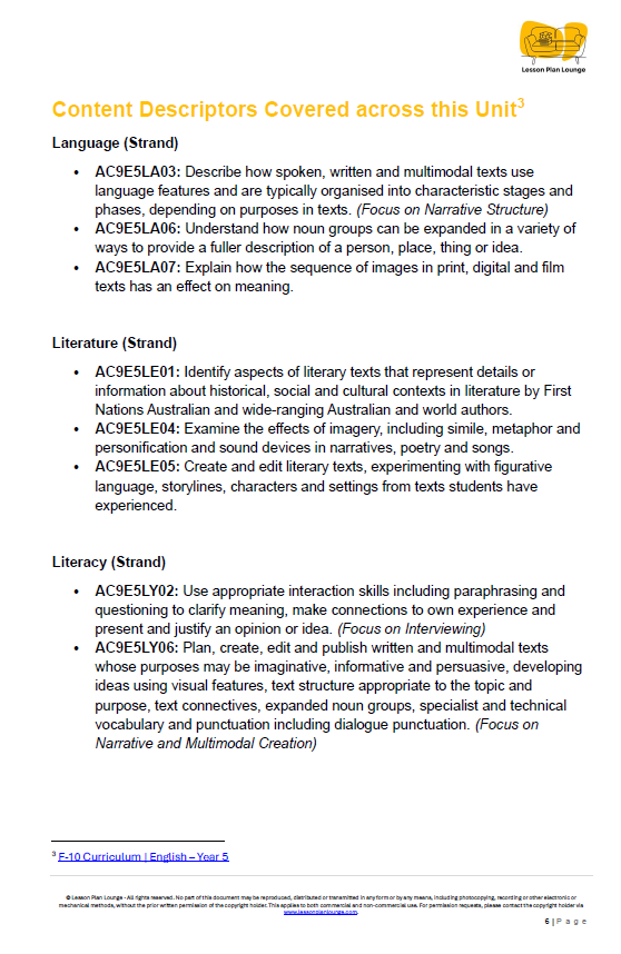 Sheet of paper with educational content descriptors on a white background