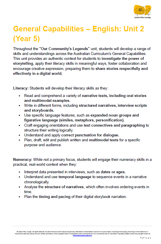 Educational document detailing General Capabilities for English in Year 5, focusing on storytelling and digital storytelling.