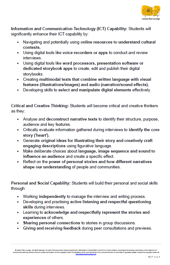 Educational document outlining Information and Communication Technology (ICT) capability, critical and creative thinking, and personal and social capability for students.