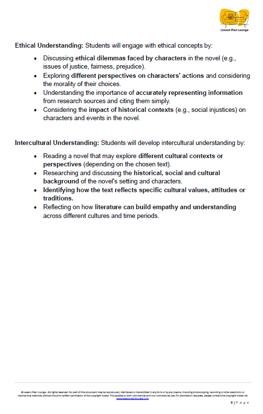 Educational document outlining ethical and intercultural understanding goals for students.