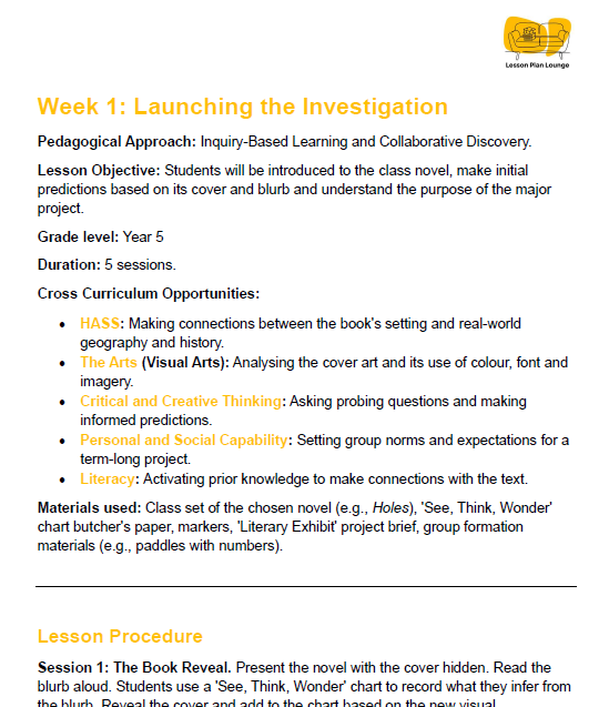Educational lesson plan for Week 1 of a class project, detailing objectives, materials, and procedures.