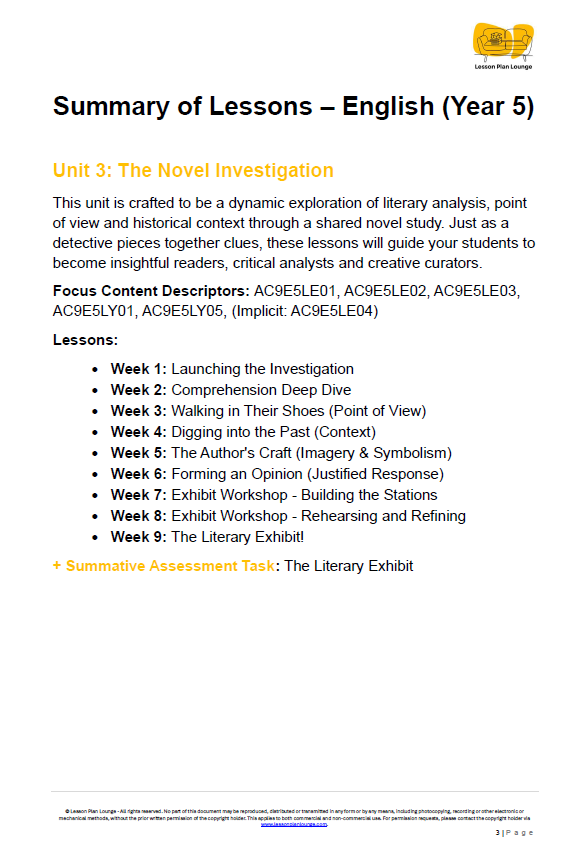 Summary of lessons for English Year 5 unit on the novel investigation with a focus on literary analysis.