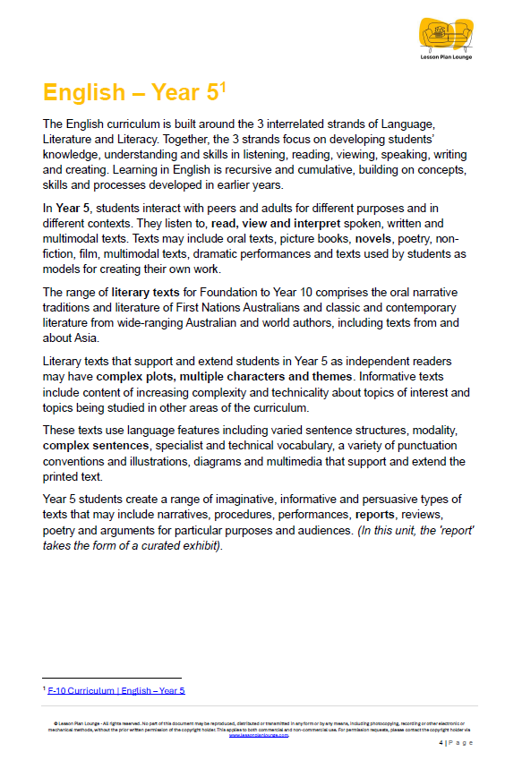 Educational document about the English curriculum for Year 5 students, focusing on language, literature, and literacy.