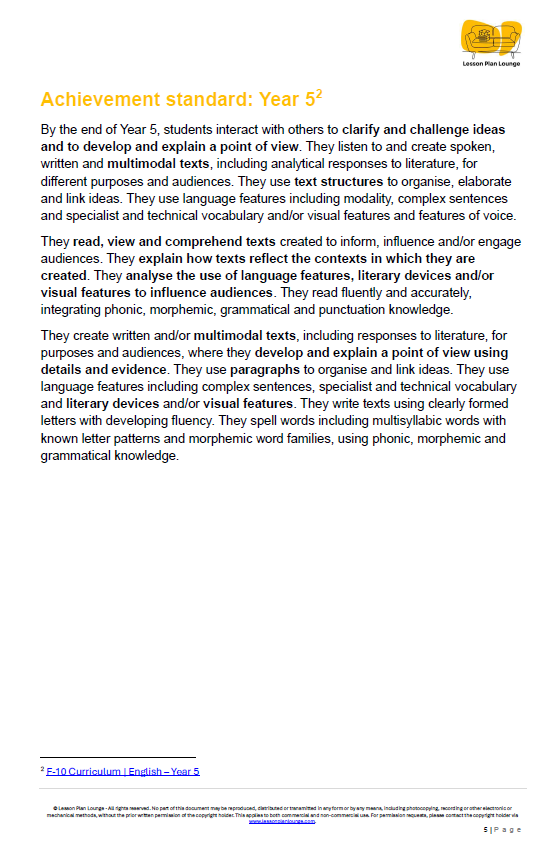 Educational document detailing achievement standard for Year 5 students, with a visible logo at the top right corner.