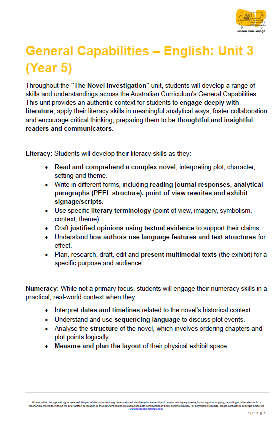 Educational document detailing General Capabilities in English for Year 5 students, including literacy and numeracy skills.