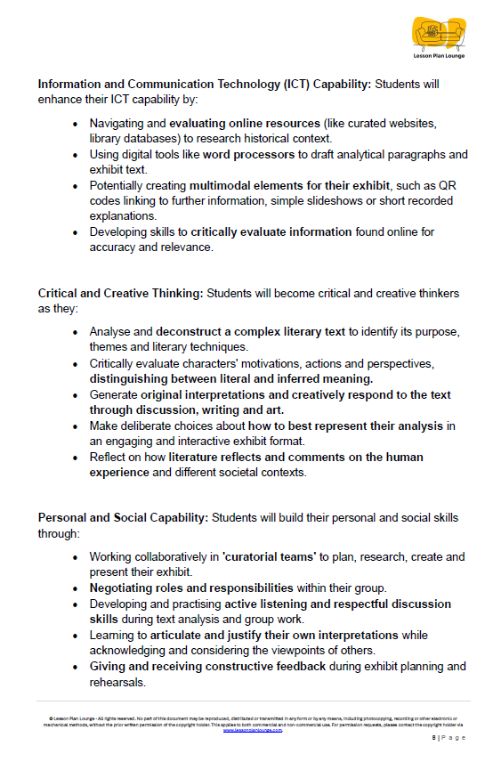 Educational document outlining Information and Communication Technology (ICT) capability, critical and creative thinking, and personal and social capabilities.