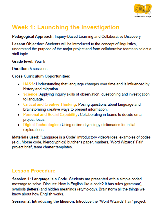 Educational document detailing a lesson plan for Year 5 students on linguistics, including objectives, cross-curricular opportunities, and materials.