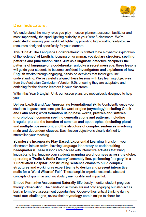 Educational document about a language code breaking unit for students, with a visible logo at the top right corner.