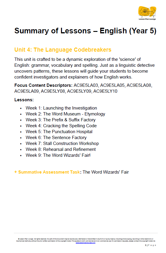 Summary of lessons for English Year 5 unit on language codebreakers with a yellow logo at the top.