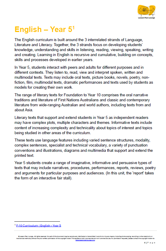 Educational document about English curriculum for Year 5 students, featuring text on language development and literacy skills.