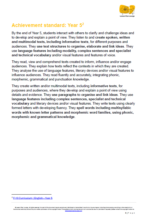 Educational document detailing achievement standard for Year 5 students, with a visible logo at the top right corner.