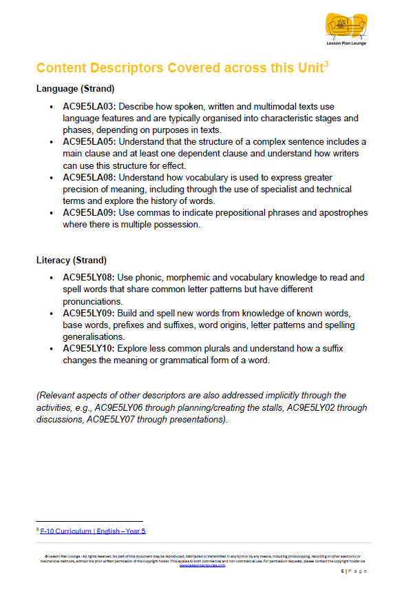 Sheet of paper with text on language and literacy descriptors, featuring a logo at the top right corner.