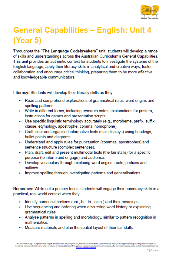 Educational document detailing General Capabilities in English for Year 5 students, including literacy and numeracy skills.