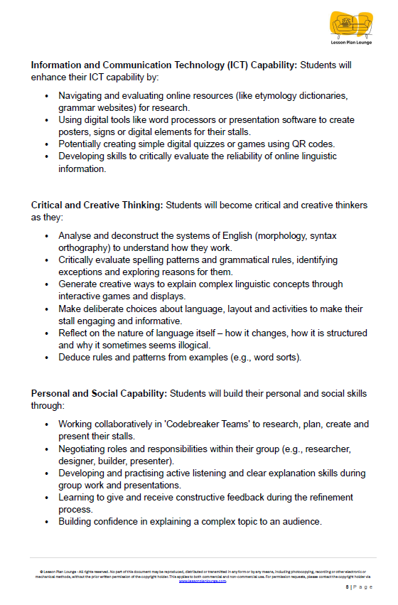 Educational document outlining Information and Communication Technology (ICT) capability, critical and creative thinking, and personal and social capabilities.