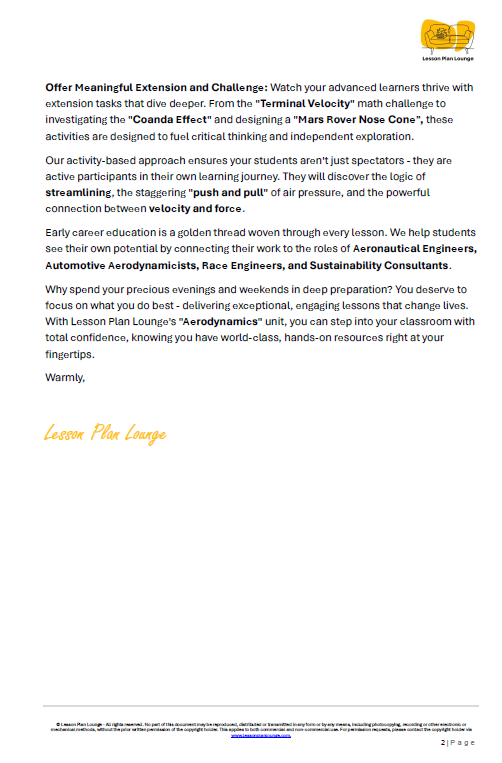 Lesson Plan Lounge - Lesson Plans Engineering and Digital Technologies – Aerodynamics Designing Fast Cars and Planes – Year/ Grade 5-8