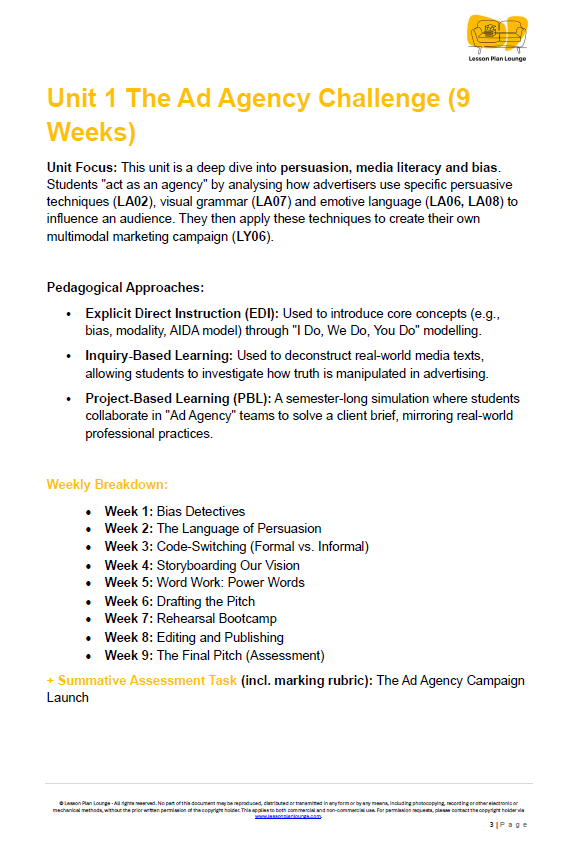 Educational unit on the Ad Agency Challenge with text and logo