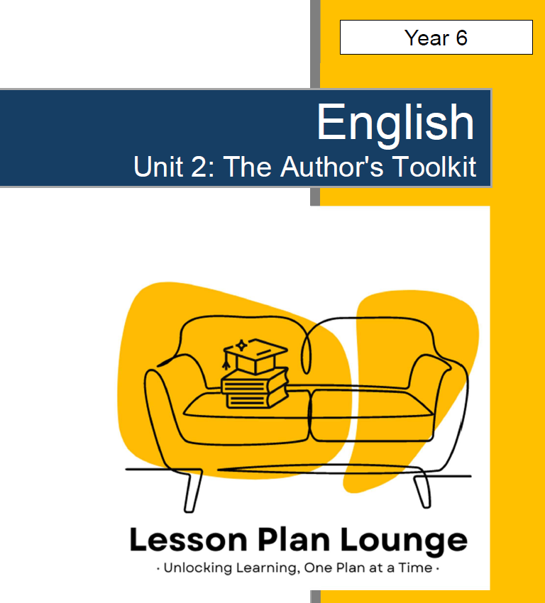Cover of 'English Unit 2: The Author's Toolkit' from Lesson Plan Lounge with a yellow couch and books illustration.