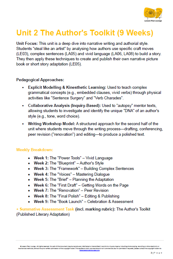 Educational document titled 'Unit 2 The Author's Toolkit' with detailed content on narrative writing and authorial style.