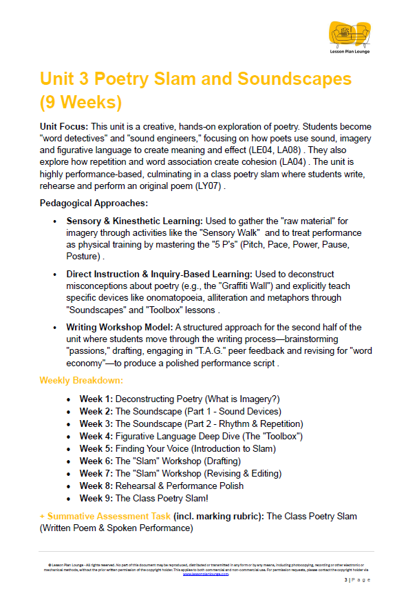 Educational document about Unit 3 Poetry Slam and Soundscapes course outline with text and logo.