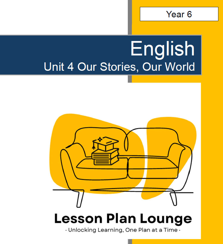 Cover of 'English Unit 4 Our Stories, Our World' from Lesson Plan Lounge with a yellow couch and books illustration.