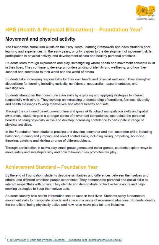 Lesson Plan Lounge - Lesson Plans Health Physical Education – Movement, Physical Activity, Health Education - Foundation Year/ Prep Year/ Kindergarten