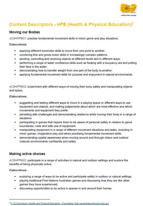 Lesson Plan Lounge - Lesson Plans Health Physical Education – Movement, Physical Activity, Health Education - Foundation Year/ Prep Year/ Kindergarten