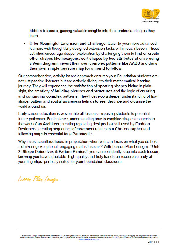 Lesson Plan Lounge - Lesson Plans Mathematics – Number, Algebra, Measurement, Space, Statistics - Foundation Year/ Prep Year/ Kindergarten
